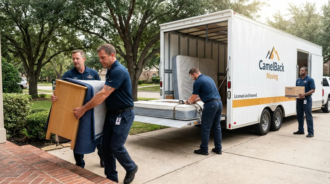 Crew loading residential truck for cross-state move from Hawaiian Gardens, CA