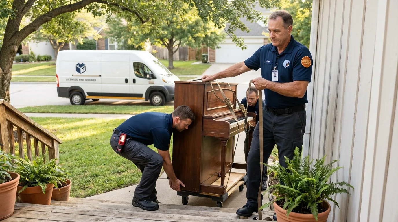 Licensed piano movers securing grand piano in Hawaiian Gardens, CA