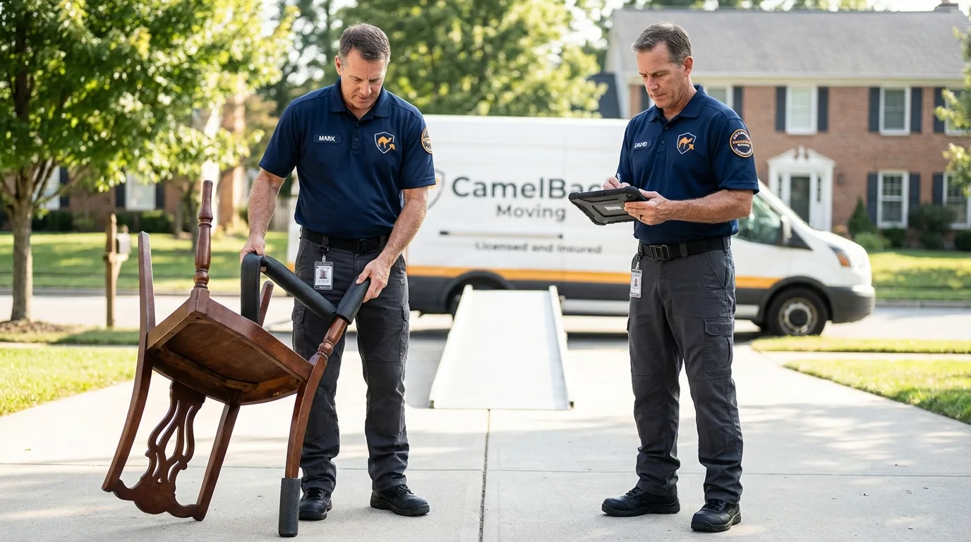 Movers inspecting furniture for damage prevention before loading in Hawaiian Gardens, CA