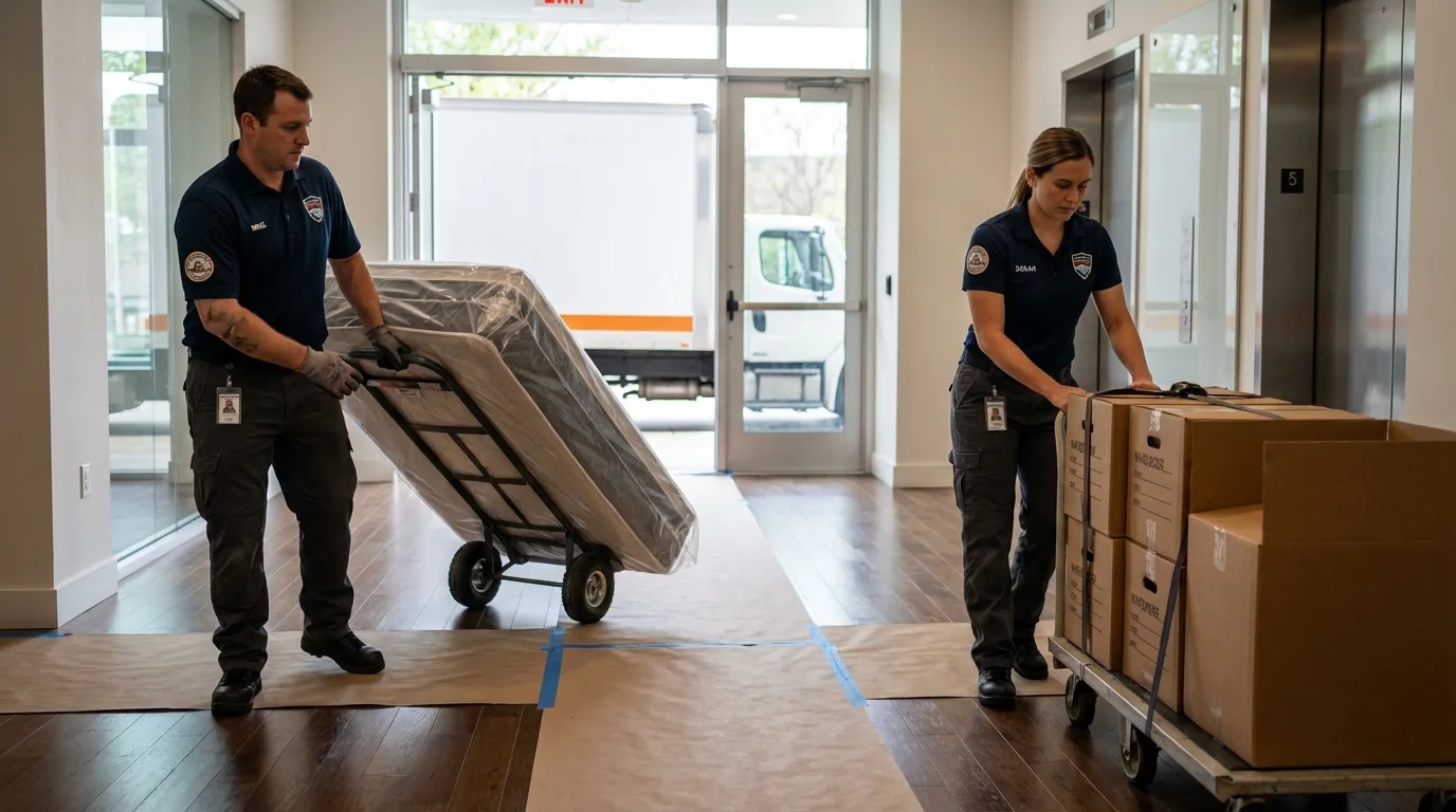 Professional apartment movers loading elevator in Hawaiian Gardens, CA
